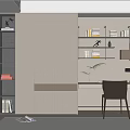 Modern Minimalist Study Room Interior With Built in Bookshelves Desk Chair And Potted Plant