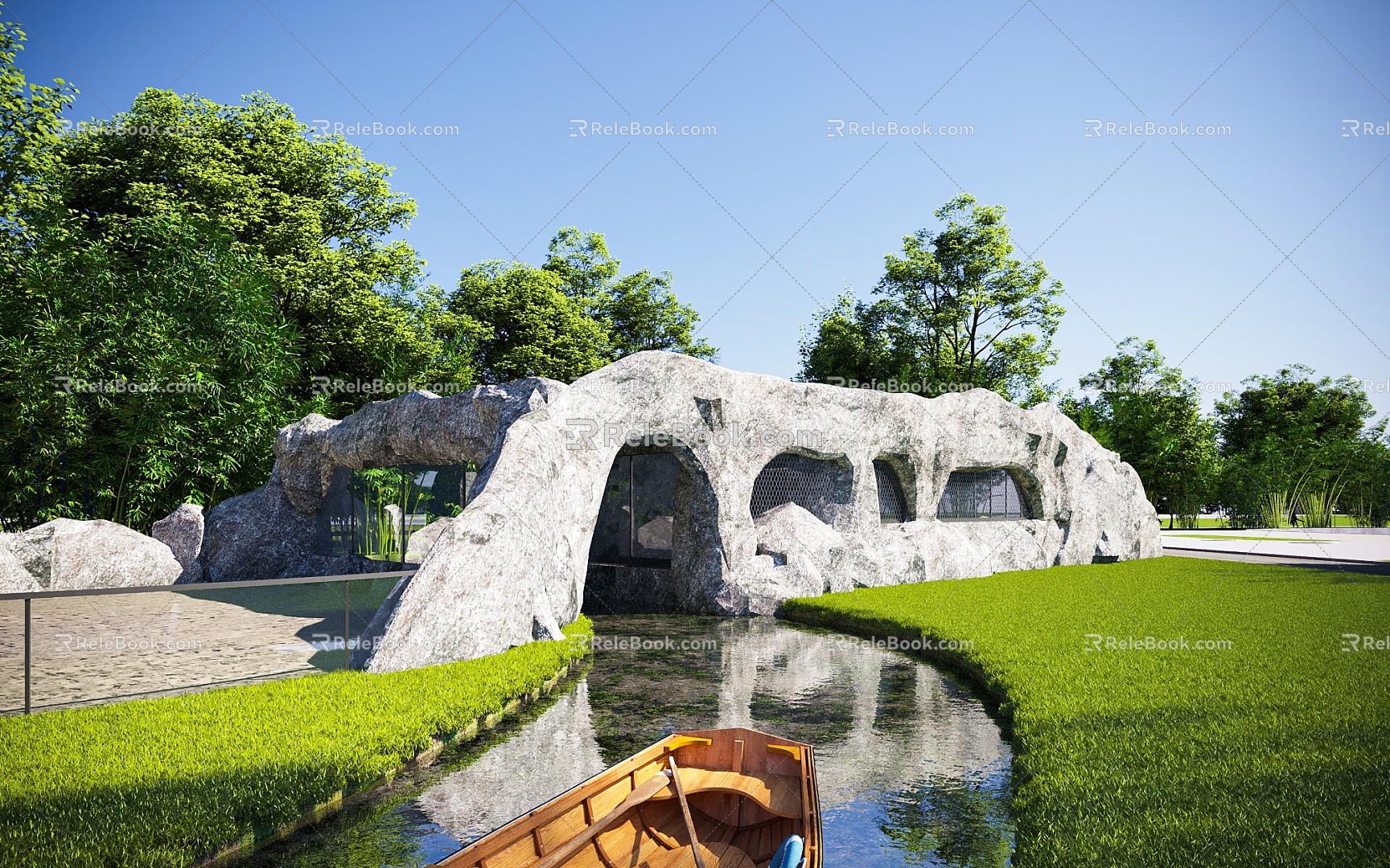 Zoo Smokie House Panda House Park Stone House Stone House Wooden Boat Floating Boat Bamboo Plant Shrub Animal Venue Playground 3d model