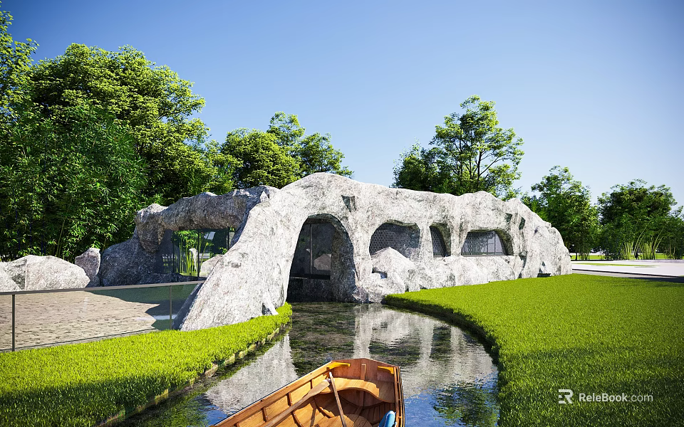 Scenic Landscape With Stone Arch Bridge Wooden Boat Green Grass Lush Trees And Blue Sky 3d model 