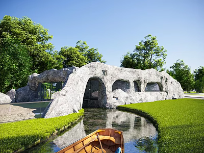Scenic Landscape With Stone Arch Bridge Wooden Boat Green Grass Lush Trees And Blue Sky 3d model