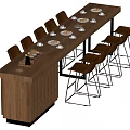 Long Rectangular Wooden Dining Table With Brown Bar Stools And Plates 3d model