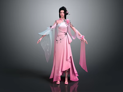 Traditional Style Woman In Pink Flowing Dress With Flower Decorations 3d model
