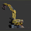 Detailed Yellow Excavator Model On Wooden Base With Tracks And Mechanical Arm