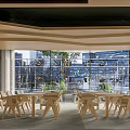 Modern Tea House Interior Design With Wooden Furniture Tables Chairs And Green Plants