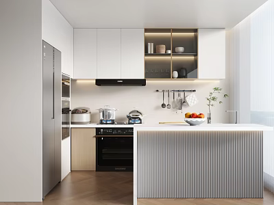 Modern Kitchen Interior Design With Island Counter White Cabinets And Appliances 3d model