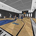 Indoor Basketball Court Fitness Scene With People Playing Basketball Silhouette Wall And Scoreboard