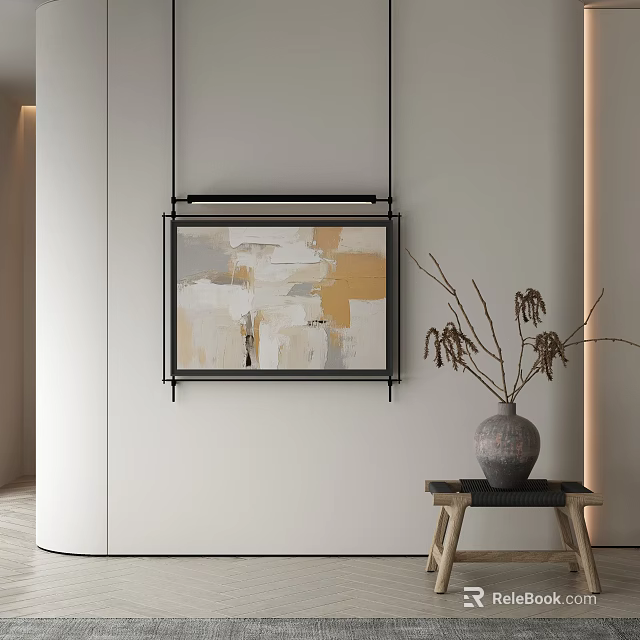 Minimalist Modern Interior Decor with Abstract Painting Gray Yellow Tones Small Table Vase Dried Branches 3d model 