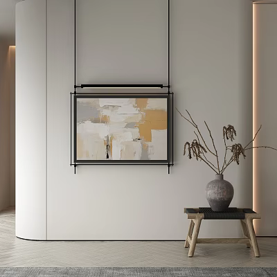 Minimalist Modern Interior Decor with Abstract Painting Gray Yellow Tones Small Table Vase Dried Branches 3d model