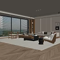 Modern Living Room Interior With Large Windows Blinds Sofa Coffee Table And Wooden Elements