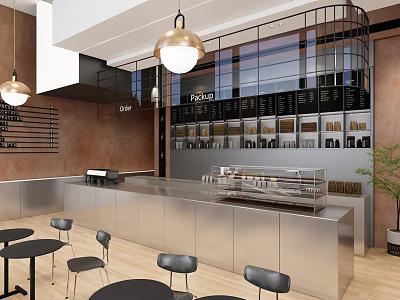 Modern Restaurant Interior With Stainless Steel Counter Tables Chairs Pendant Lights And Decorative Shelves 3d model