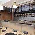 Modern Restaurant Interior With Stainless Steel Counter Tables Chairs Pendant Lights And Decorative Shelves