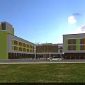 Primary School Building Modern White And Yellow Exterior With Large Windows Lawn And Campus Road