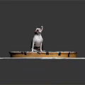 Black and white dog sitting on gear pattern mat against gray background 3d model