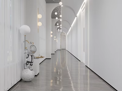 Modern Hotel Corridor With White Walls Round Pendant Lights Sleek Grey Flooring And Decorative Sculpture 3d model