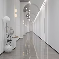 Modern Hotel Corridor With White Walls Round Pendant Lights Sleek Grey Flooring And Decorative Sculpture