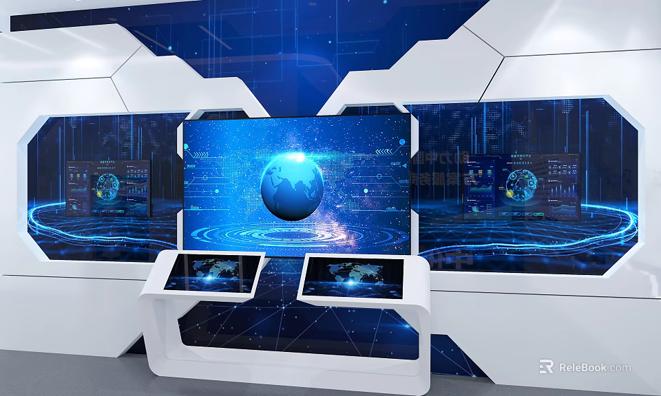 Futuristic Computer Display System With Main Screen Globe And Blue Tech Background 3d model 