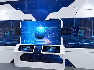 Futuristic Computer Display System With Main Screen Globe And Blue Tech Background 3d model