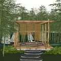 Wooden Garden Pavilion with Wicker Screens Surrounded by Bamboo Lush Greenery and Stone Path