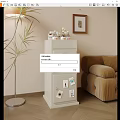 White Decorative Cabinet With Drawers And Photos Next To Sofa And Floor Lamp