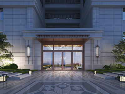 Elegant Modern Building Main Entrance Gate With Glass Doors Wooden Accents Wall Lamps And Geometric Paving 3d model