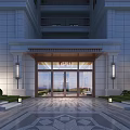 Elegant Modern Building Main Entrance Gate With Glass Doors Wooden Accents Wall Lamps And Geometric Paving