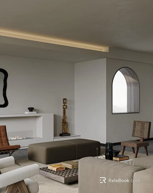 Modern Living Room Interior Design with Arched Window Fireplace Sculpture Mirror and Chair 3d model 