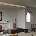 Modern Living Room Interior Design with Arched Window Fireplace Sculpture Mirror and Chair