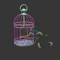Decorative Ornament Set with Blue Metal Birdcage and Scattered Pink Feathers