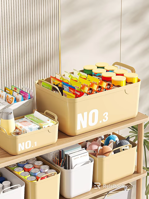 Beige Dresser with Numbered Storage Bins Containing Snacks Beverages Toys and Books 3d model 