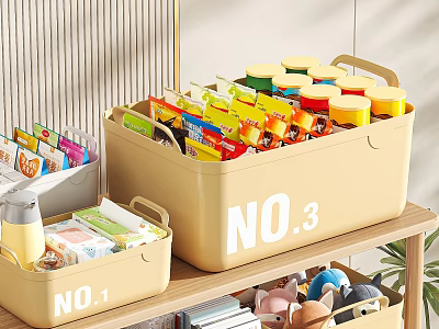 Beige Dresser with Numbered Storage Bins Containing Snacks Beverages Toys and Books 3d model