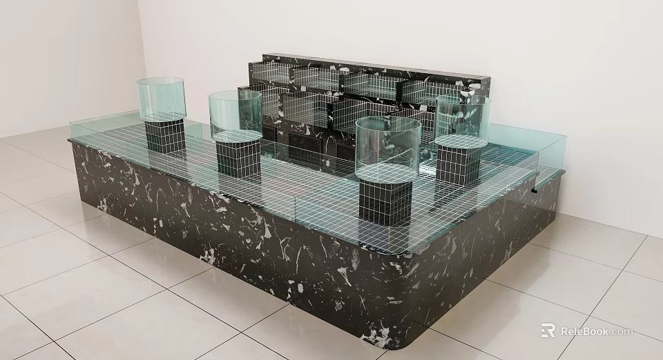 Modern Display Stand With Black Marble Base Glass Countertop Transparent Cubes And Grid Structures 3d model