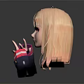 Anime Character Blonde Hair Green Eyes Making Hand Gesture With Striped Sleeves On Dark Background
