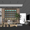 Modern Tea House Interior With Wooden Bookshelves Central Table And Green Plants
