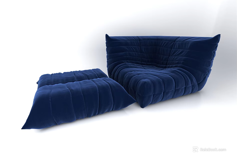 Elegant Navy Blue Velvet Single Seater Sofa With Matching Ottoman 3d model 
