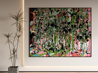 Abstract Wall Art With Green Plant In Modern Interior Decor 3d model