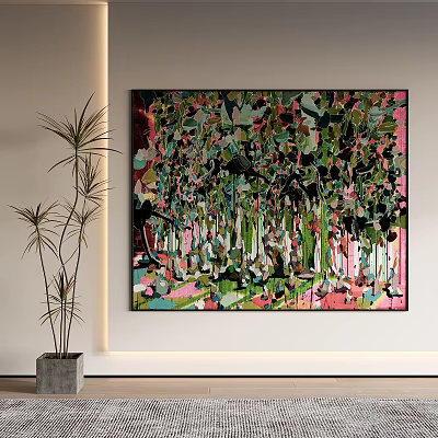 Abstract Wall Art With Green Plant In Modern Interior Decor 3d model