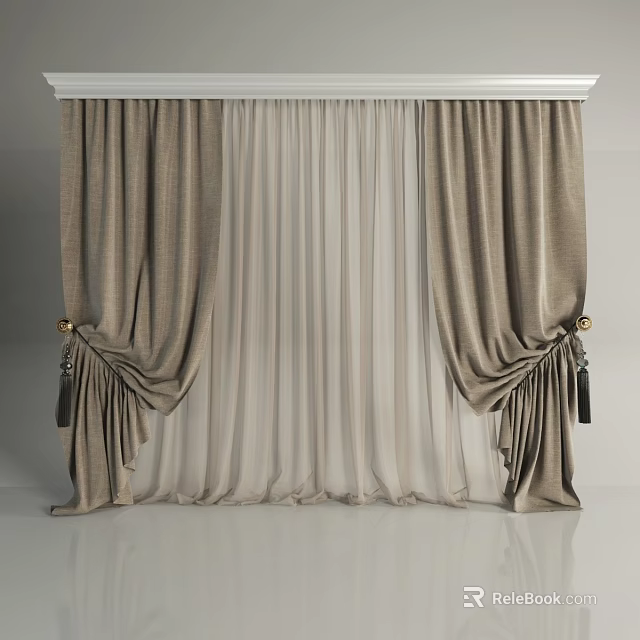 Brown Double Layer Curtains With Sheer Inner Layer And Golden Decorative Ties 3d model 