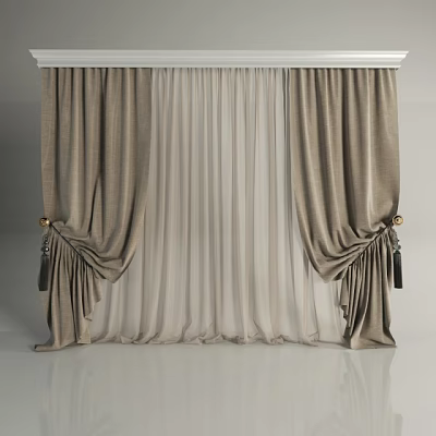Brown Double Layer Curtains With Sheer Inner Layer And Golden Decorative Ties 3d model