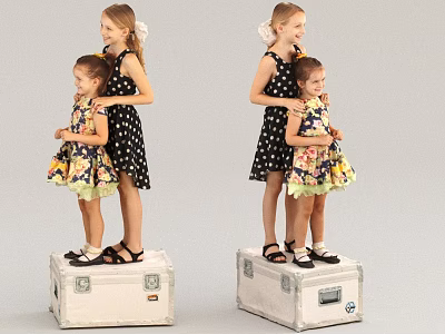 Two Young Girls Standing On White Suitcases Wearing Black Polka Dot And Floral Dresses 3d model