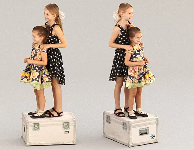 Two Young Girls Standing On White Suitcases Wearing Black Polka Dot And Floral Dresses 3d model