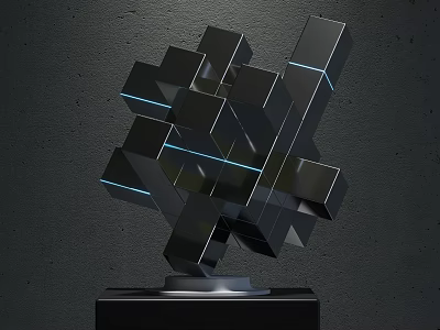 Geometric Sculpture Composed Of Black Cubes With Blue Accent Lines Modern Design On Black Pedestal 3d model