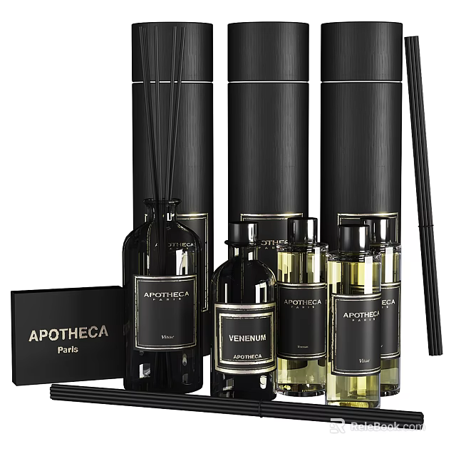 Luxury Apotheca Parfum Collection With Elegant Black Glass Bottles And Reed Diffusers 3d model 