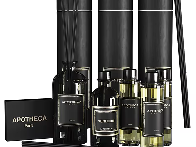 Luxury Apotheca Parfum Collection With Elegant Black Glass Bottles And Reed Diffusers 3d model