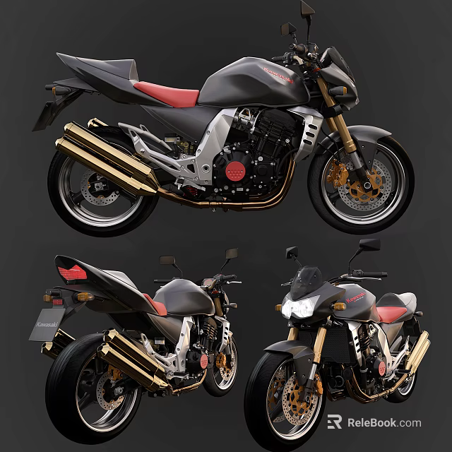 Black Sporty Motorcycle With Red Seat Gold Exhaust Pipes And Silver Accents 3d model 