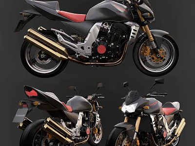 Black Sporty Motorcycle With Red Seat Gold Exhaust Pipes And Silver Accents 3d model