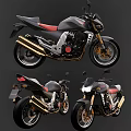 Black Sporty Motorcycle With Red Seat Gold Exhaust Pipes And Silver Accents