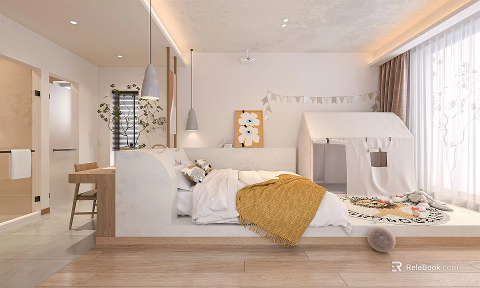 Modern Hotel Room Interior With Cozy Bed Decorative Painting Tent Rug And Hanging Lights 3d model 
