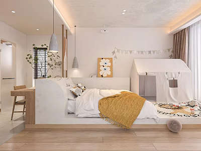 Modern Hotel Room Interior With Cozy Bed Decorative Painting Tent Rug And Hanging Lights 3d model