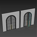 Arched Swing Door With Black Frame Glass Panels And Golden Handles