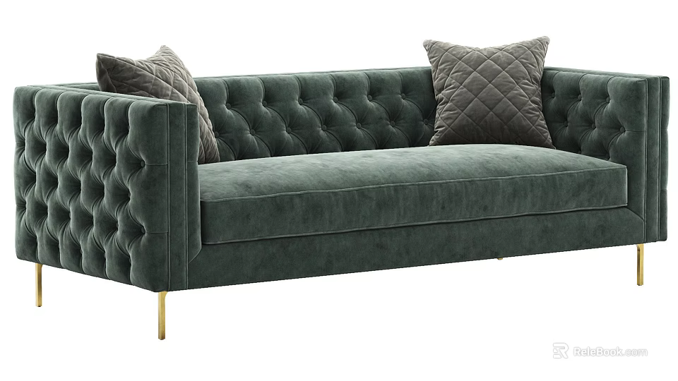 Dark Green Velvet Tufted Sectional Sofa With Decorative Pillows And Gold Legs 3d model 
